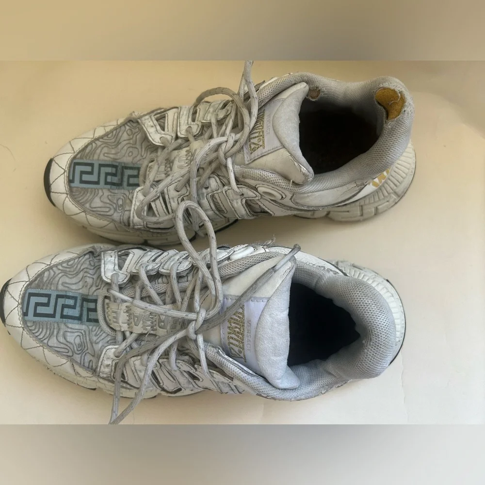 Versace White and Gray Men's Runner Sneakers with Gold Accents
